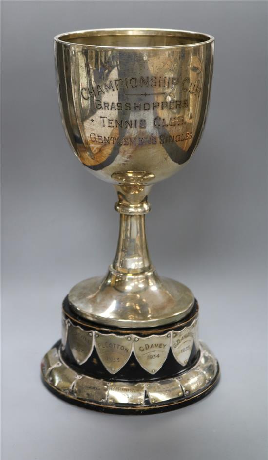 A George V silver presentation tennis trophy cup, S. Blanckensee & Sons Ltd, Chester, 1932, 4 oz.